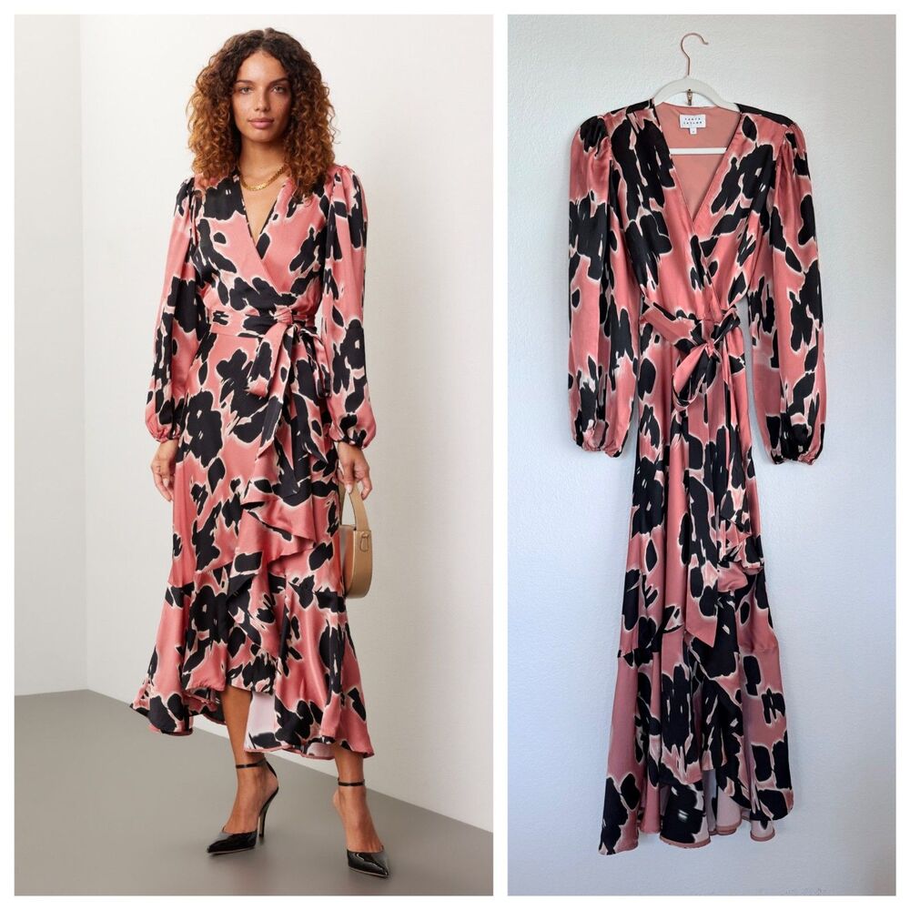 Tanya Taylor Long Sleeve Blair Wrap Dress in Garnet Rose Multi Pink & Black Sz 2